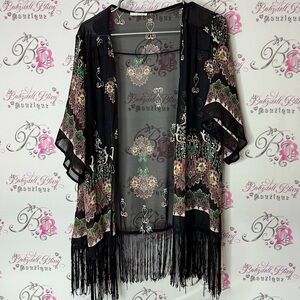 Olive tree cardigan paisley boho tassle hem flowers Black Floral Fringe Kimono